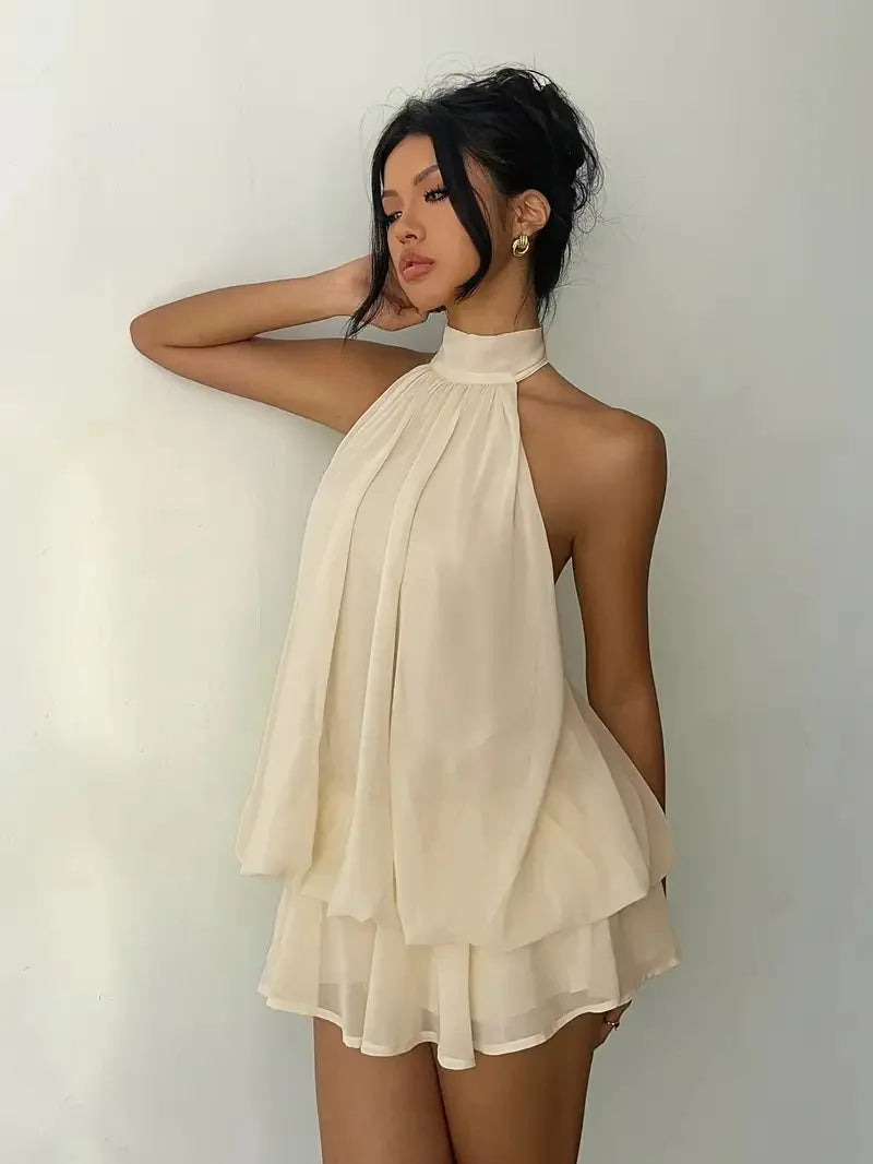 Women Halter Neck Backless Tie Mini Dress Summer Sleeveless Chiffon Ruffle Short Dresses Sexy Club Party Beach Vacation Outfit