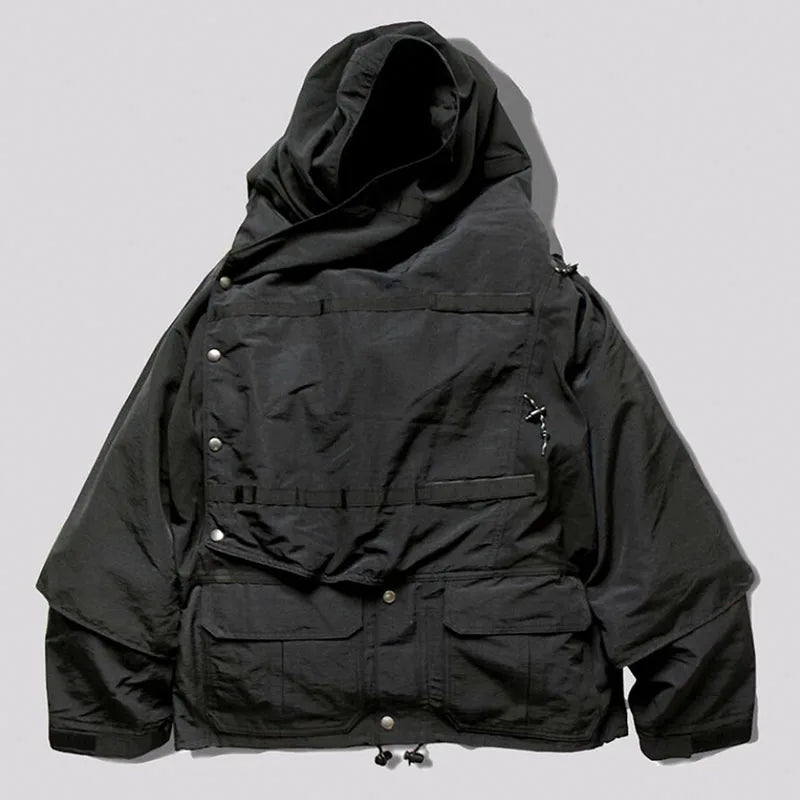 Japanese Style Retro Stitching Waterproof and Windproof Multifunctional Jacket Men's Hooded Black Multi Pocket Coat