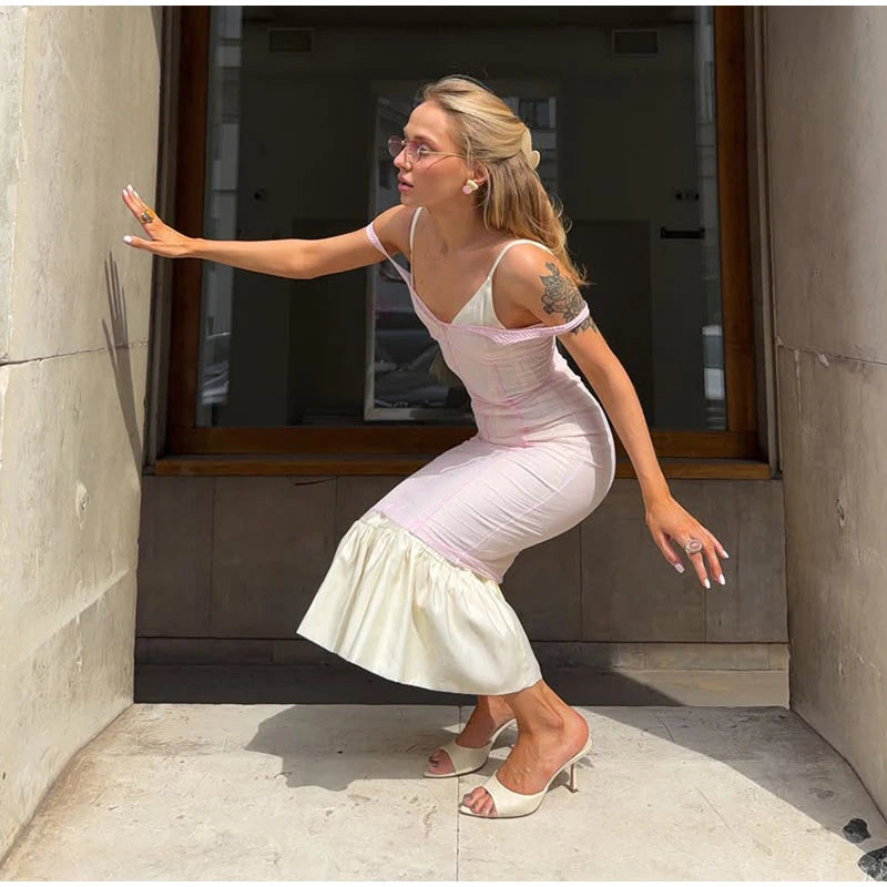 Elegant Sheer Mesh Overlay Women's Dress Set V-Neck Waist-Closed Sleeveless Slim Slip Maxi Dresses 2026 Summer Female Outfit