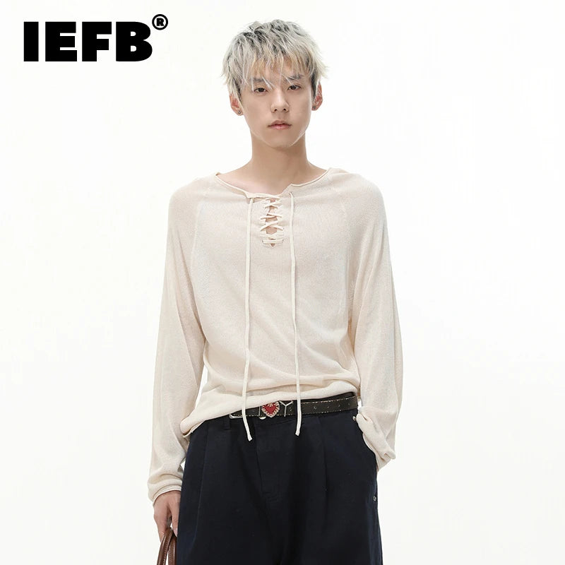 IEFB Niche Design Men's Tees Long Sleeved Round Collar Lace-up Solid Color Simple Tops Loose Pullover Male Tees Autumn 9X533
