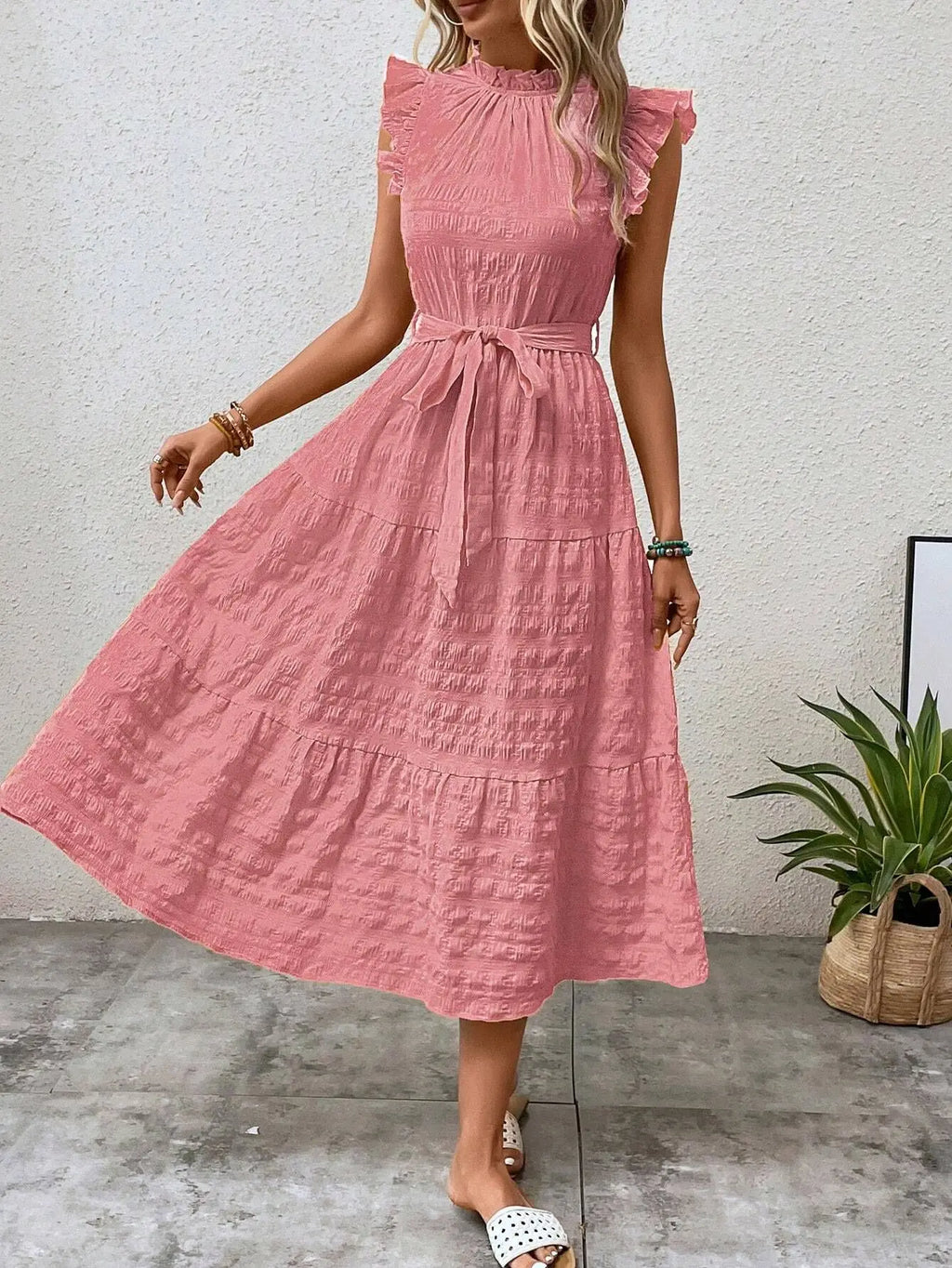 Elegant Women's Summer New Fashion Wooden Ear Edge Flying Sleeve Lace Up Texture Dress Purple  Sleeveless Lace Up Long Dresses