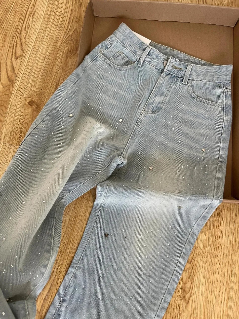 Summer New Fashion Joker Straight Pants Jeans American Light-colored Stars Rhinestone Shiny High Waist Slim Wide-leg Jeans
