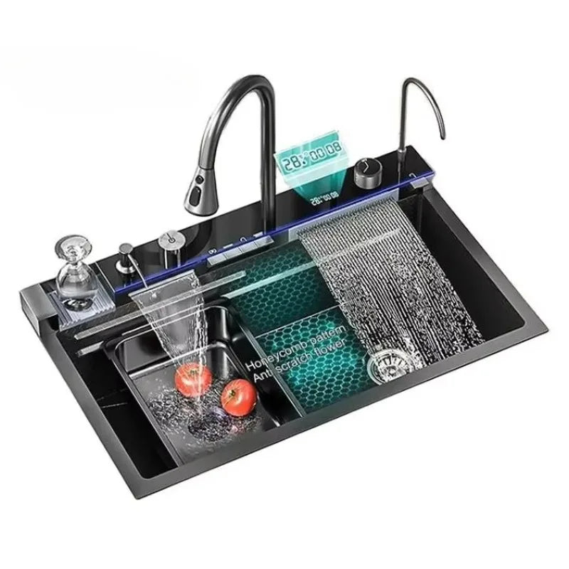 Light Emitting Diode Digital Nano Handmade Modern Single Slot Stainless Steel Waterfall Multifunctional Smart Kitchen Sink