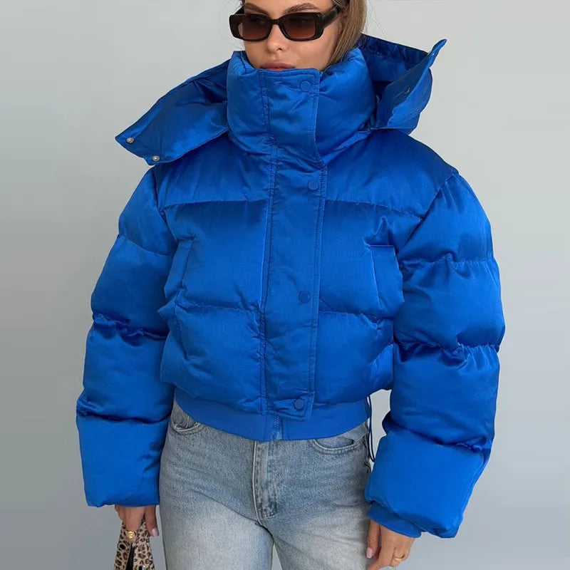 Casual Women's Puffy Cotton Coats Detachable Hood Drawstring Stand Collar Zipper Full Sleeve Coat 2026 Autumn Winter Down Jacket