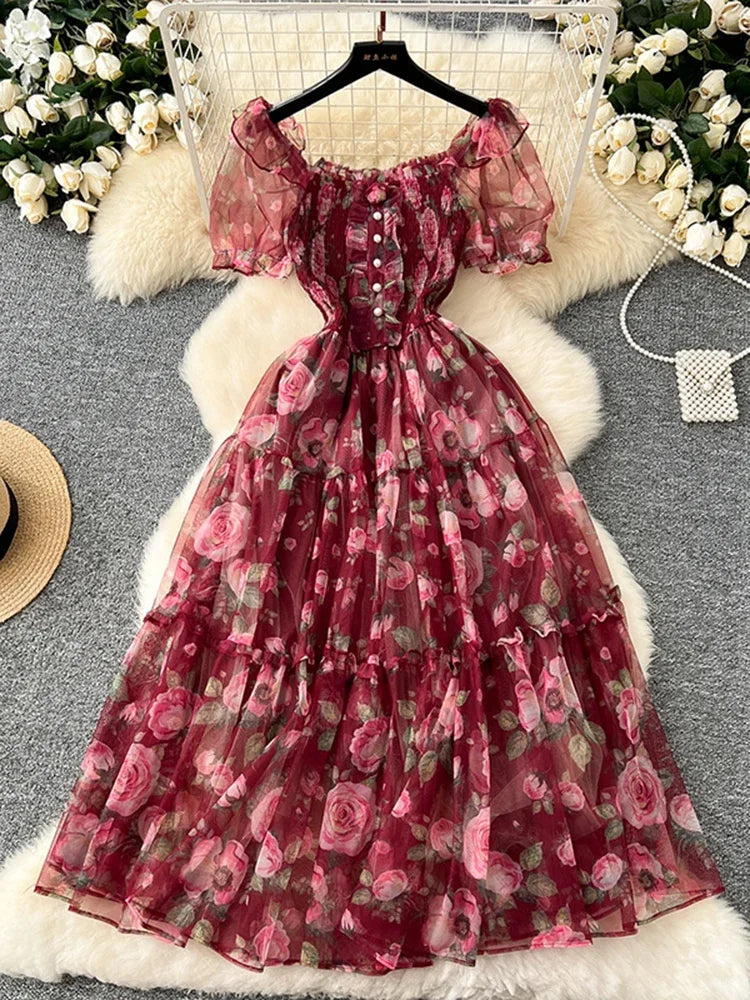 Summer Vintage French Mesh Dress for Women New Waist Cinched Slash Neck Bubble Sleeves Sweet Floral Chiffon Dress Female C146
