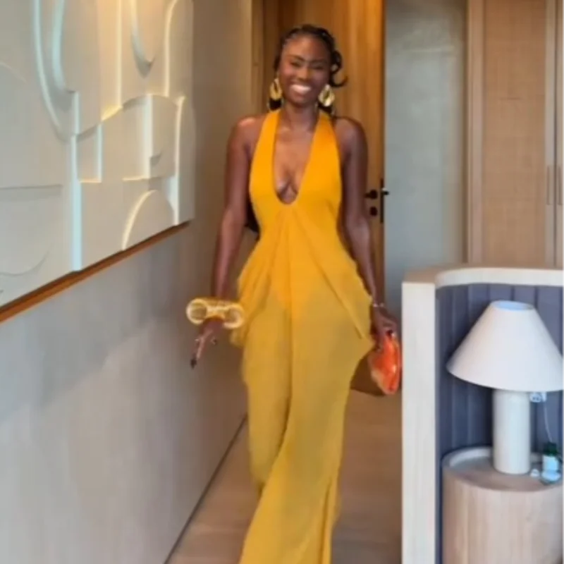 Chic Bohemian Yellow Dress Draped Chiffon Vintage Women Dresses Party Summer Vacation Beach Trendy Streetwear