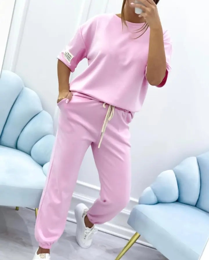 Fashion O Neck Short Sleeve Solid Color T-shirt Women Trousers 2-piece Set Summer Casual Sports Elastic Small Feet Trousers Suit