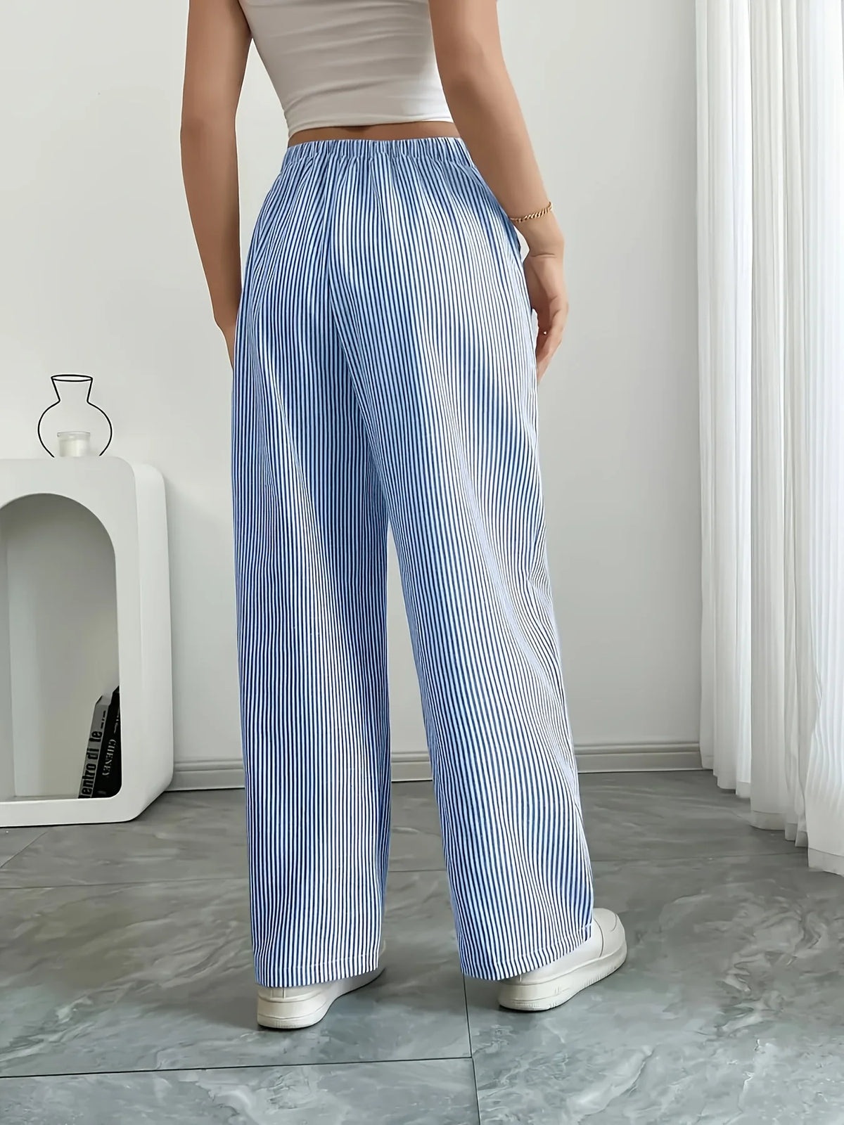 New Women's Casual Striped Sports Pants Popular Fashionable Blue Pocket Pants for Women