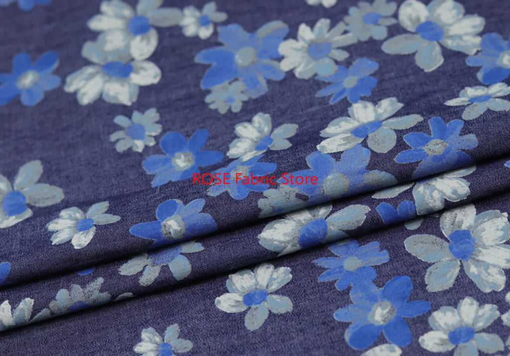 High-quality Delicate floral print denim For coats, shirts, pants, bags, DIY hand sewing, designer fabrics