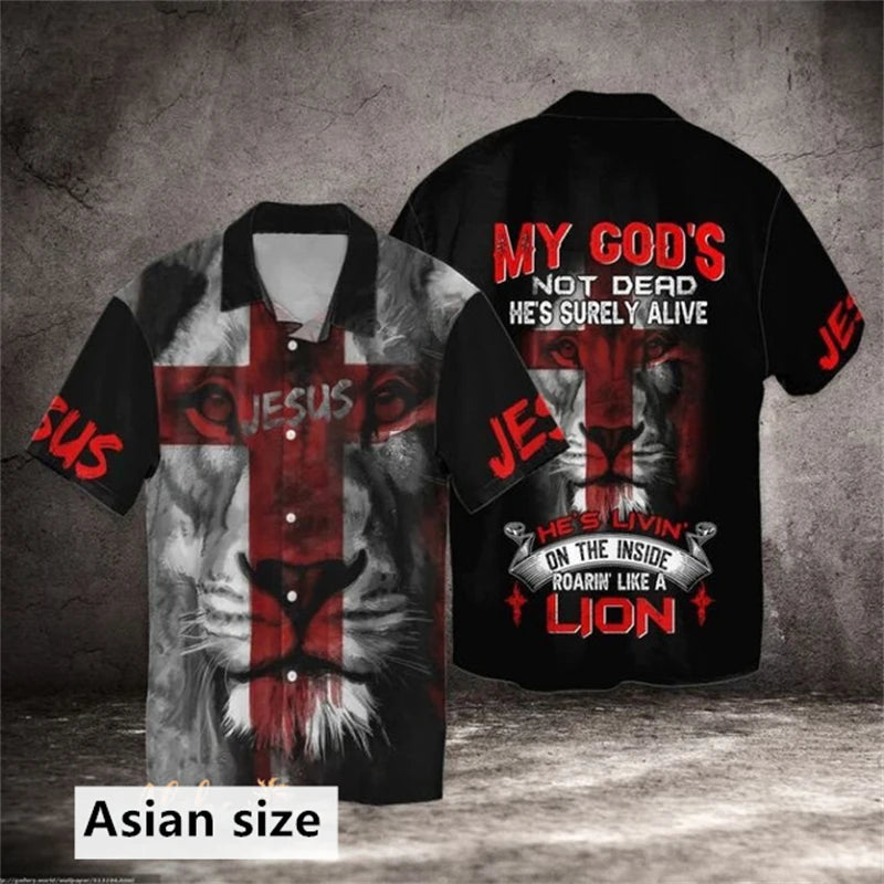 Jesus Cross Lion Graphic Men Shirt Fashion 3D Printed Christian Button Lapel Hawaiian Shirts Summer Street Short Sleeves Tops