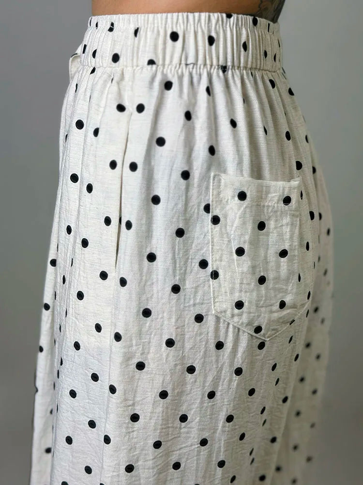 Polka Dot Cotton Linen Pants White Women Wide Leg Summer Spring Baggy Trousers For Woman High  Waist Linen Loose Pants Women