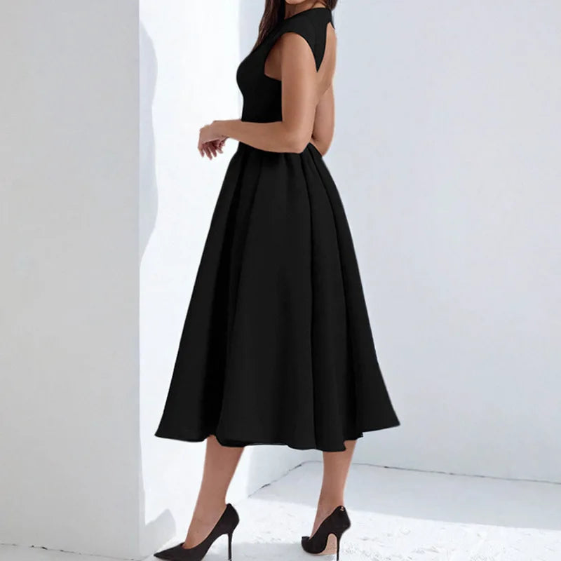Summer French Fashionable Women's Temperament Solid Color High Waist Sleeveless Back Hollow Dress for Slimming