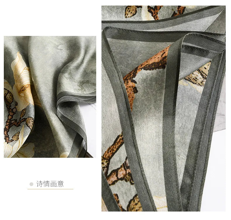 Birdtree, 9MM 100%Real Silk Scarf Shawl, Thin Plum Bossom Summer Beach Shawls Scarfs, Fall Winter Neck Head P36714QM