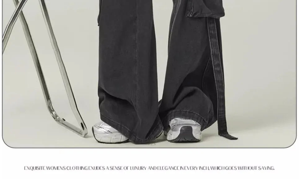 Black Gray Multi Pocket Cargo Jeans Women's Y2K Gothic Baggy Harajuku Oversize Denim Trousers Washed Straight Leg Wide Leg Pants