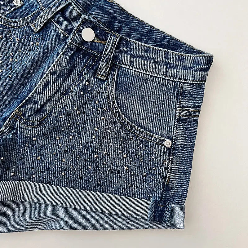 Retro Fashion Rhinestone Denim Shorts Women Pink Summer New A-Line Wide Leg Jeans Ultra Short For Hot Girls Bottoms