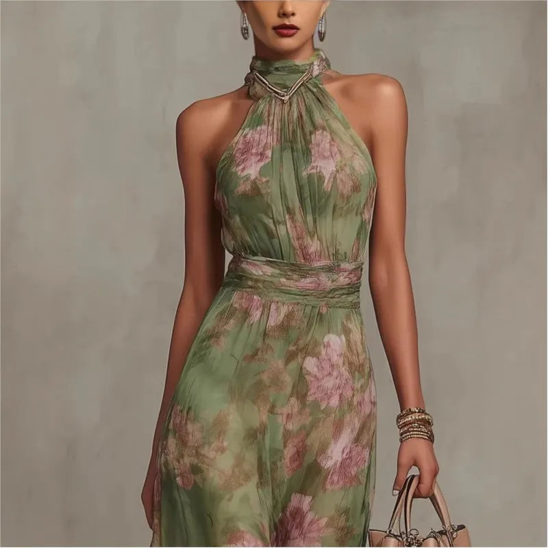 new Flower Print Women's Sleeveless Halter Maxi Dress Summer Fashion High Neck Ruched Waist Elegant Chic Holiday Party Dress
