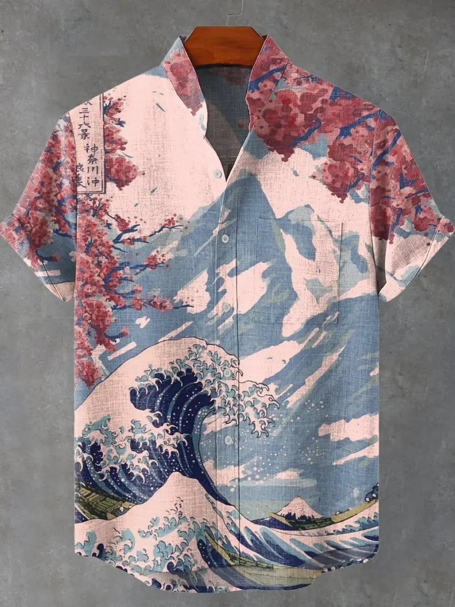 Summer Men's Short Sleeve Shirt Wave Vintage 3D Printed Casual Fashion Linen 100% Men's Beach Holiday Short Sleeve Shirt