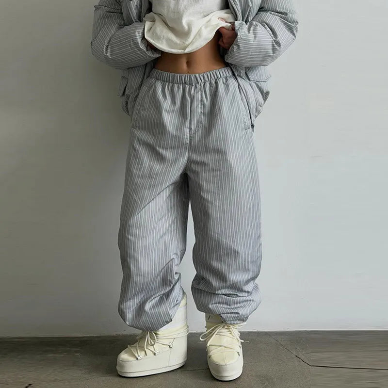 Casual Women's Stripe Set With Hat Full Sleeve Cotton Padded Coat Straight Pants Female Loose Sets 2026 Autumn Winter Lady Suit