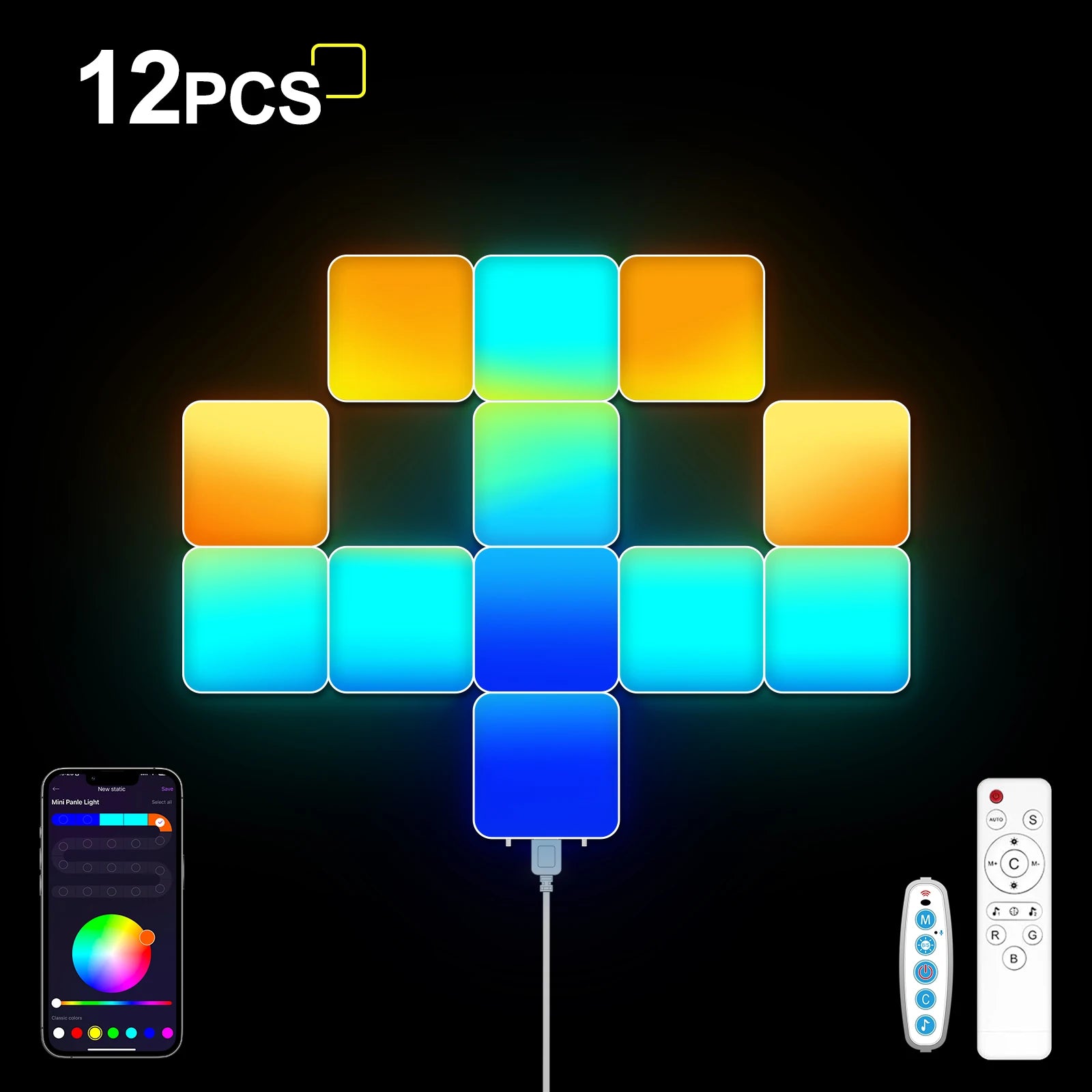 Smart Grid LED Wall Light Kit - RGB Color Changing with App & Music Control, DIY Creative Backlit Panels for Gaming Room & Bedro