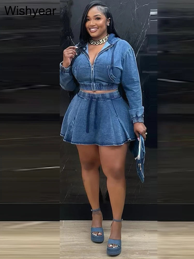 Vintage Wash Denim 2 Piece Sets Women Long Sleeve Hooded Crop Top and Pleated Skirts Suits Streetwear Matching Jeans Outfit 2025
