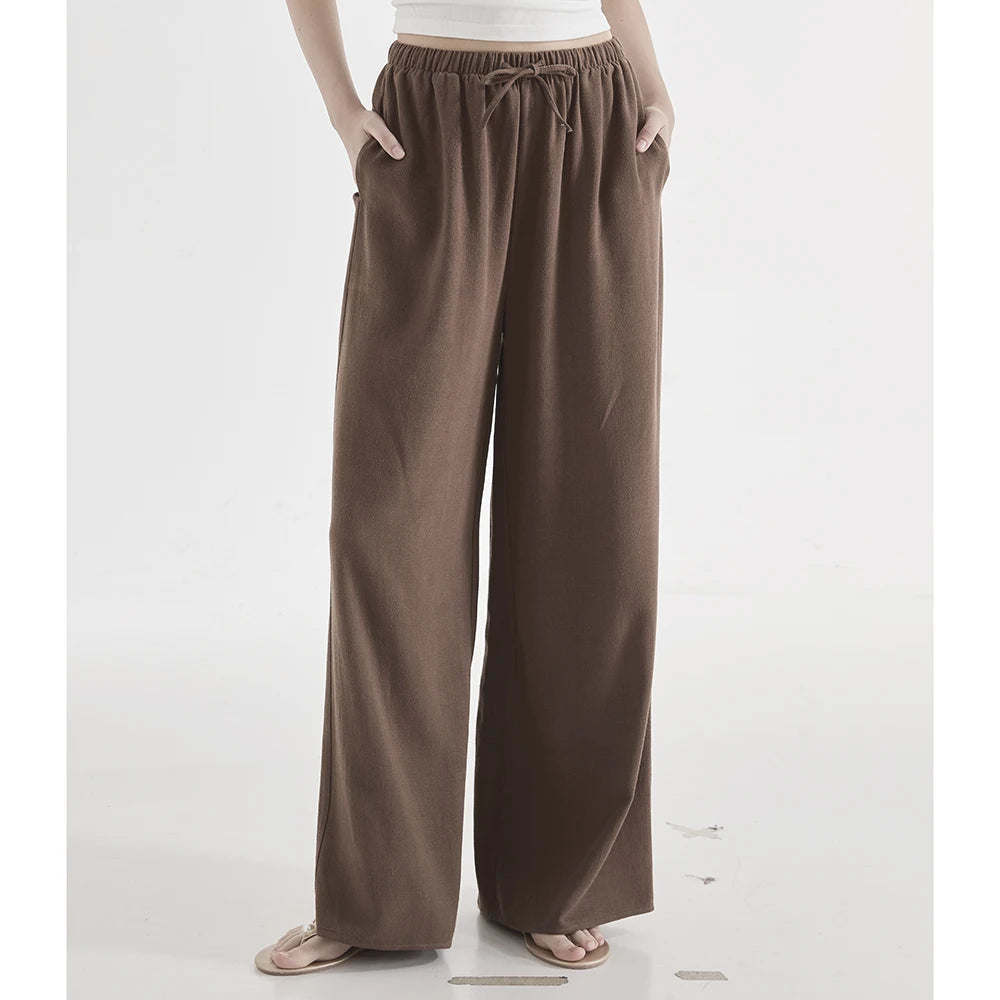 Loose Wide Leg Casual Pants Women's  Korean Linen Office Lady Household Trousers Drawstring Straight Leg Long Pants Femme