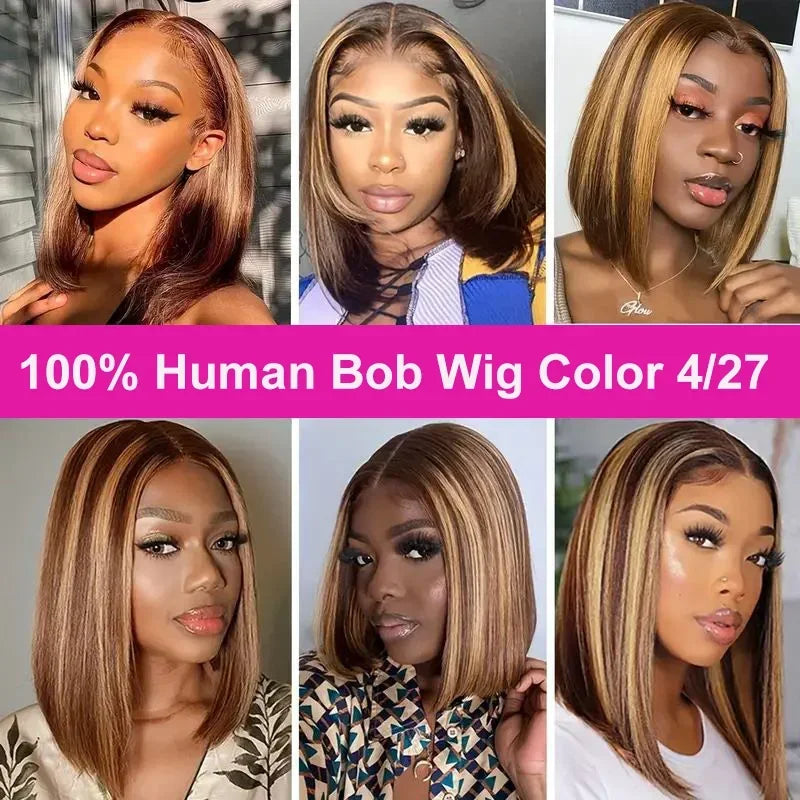 200% Density Short Bob Wigs Highlight Straight Lace Front Wigs Blonde 13x4 Transparent Lace Front Wig 100% Human Hair 427#16Inch