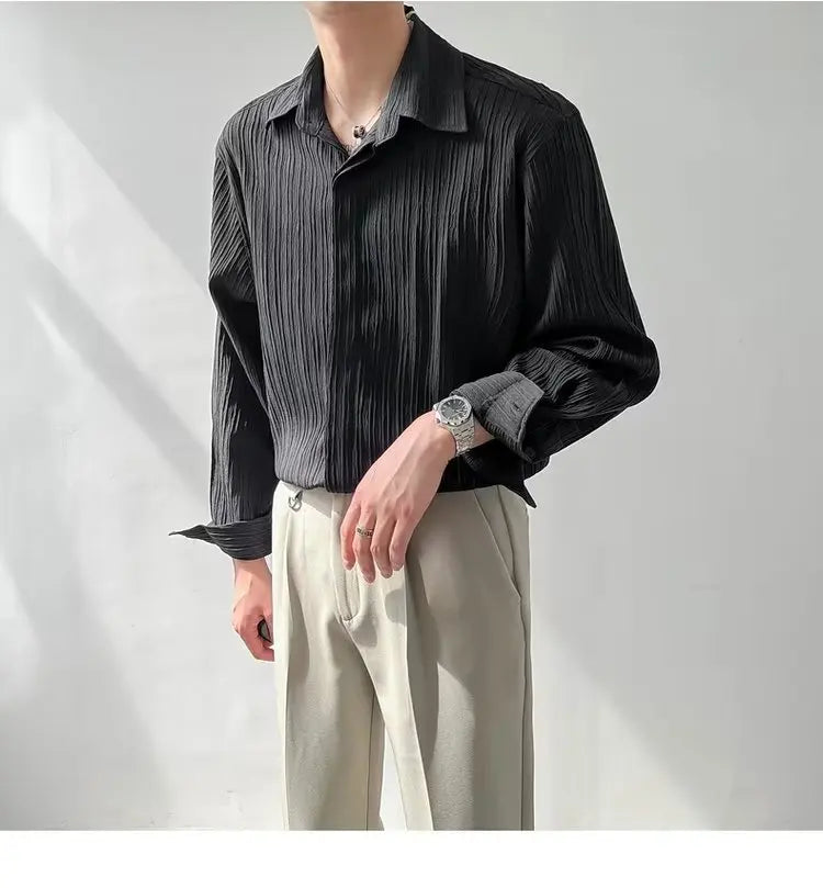 Black Apricot White Long-sleeved Shirt Men Fashion Social Mens Dress Shirt Korean Loose Casual Pleated Shirts Mens Formal Shirt
