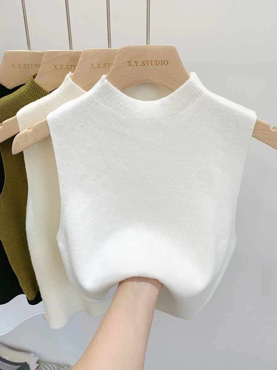 2026 Women Knitted Tank Top Spring Summer Slim Sweater Short Sleeveless Solid Spring Autumn Sweaters Pullovers