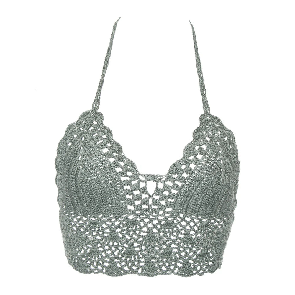 Women Summer Sexy Bikini Crochet Crop Top Boho Beach Camisoles Knit Bralette Bra Halter Neck Vest Holiday Beachwear