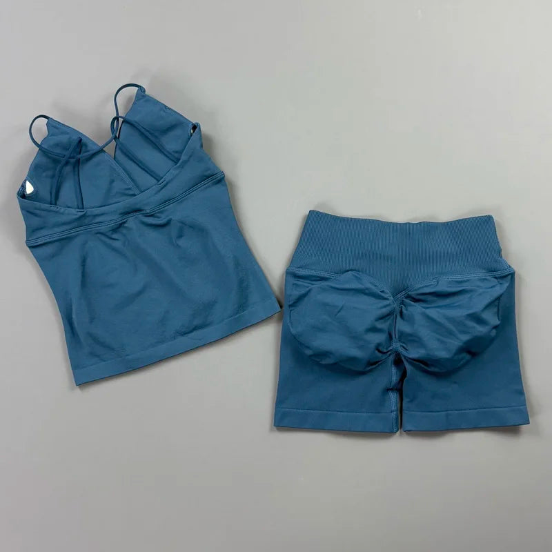 2Pcs Workout Shorts Set Women Cross Waist Scrunch Butt Shorts Tummy Control Racerback Tank Top Running Fitness Two Piece Suit