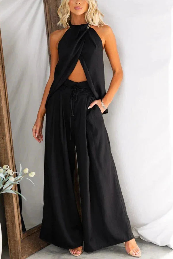 2025 Summer New Women's Elegant Solid Set Sexy Halter Tops+Lace-up Wide-leg Pants Two Piece Set Fashion High Street Office Lady