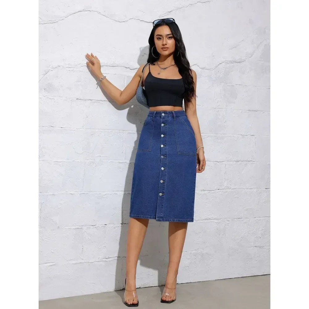 Women Waist Stretchy Denim Pencil Skirt, Midi Knee Length Slit Bodycon Flattering Casual Daily Streetwear Chic Ladies Midi Skirt