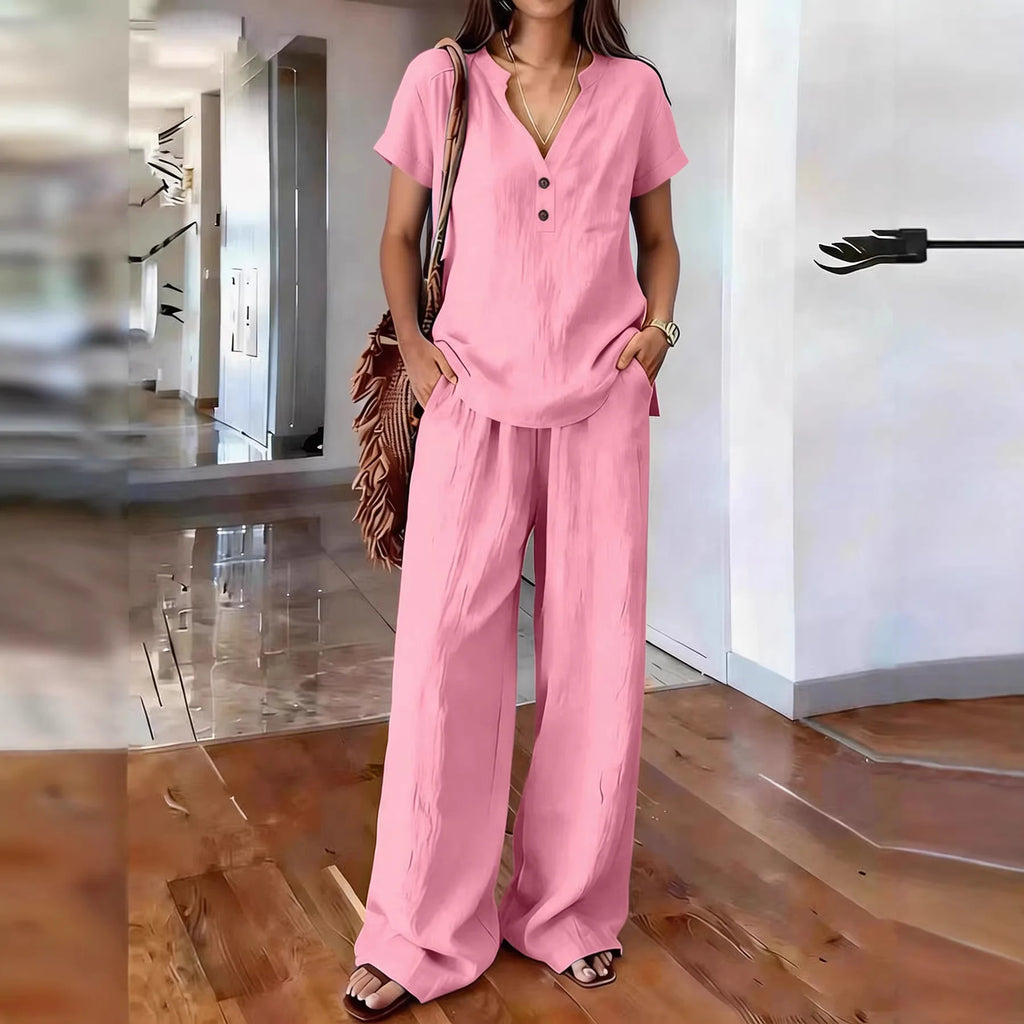 Solid Color Casual Loose Pants Sets For Women 2026 Elegant Summer Women's Two Pieces Suit Full Trouser Set Female Outfit Clothes