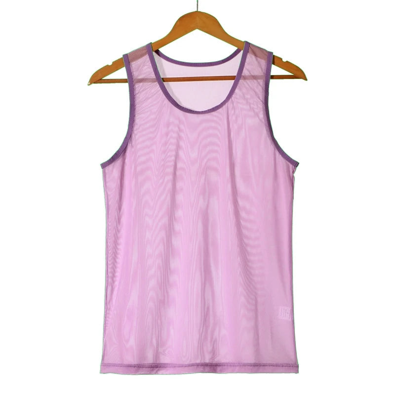 Men Sleeveless Mesh Sheer Tank Outwear Training Vest Fishnet Hollow Out See Through Undershirt