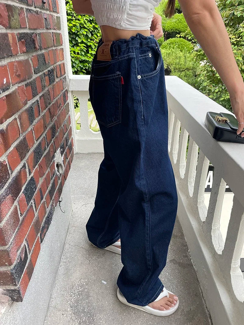 Retro High-waisted Women's Straight Jeans Summer New Fashion Loose Drawstring Design