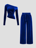Women Velvet 2 Piece Outfit Asymmetrical Off Shoulder Long Sleeve Ruched Top & Drawstring Wide Leg Pants Set