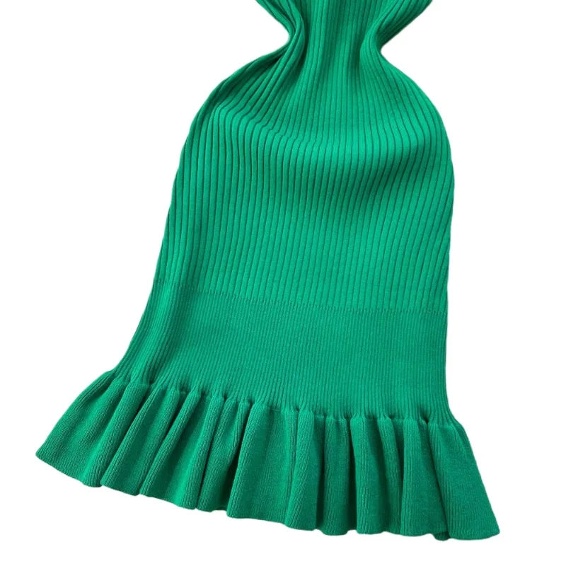 Women's Green Sleeveless Halter Neck Sundress Stretchy Ribbed Knit Ruffle Bodycon Mini Dress Casual Party Clubwear Short Dress