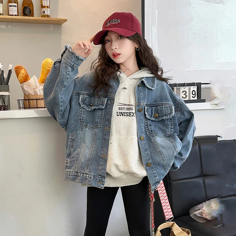 Girls Denim Jacket Spring Autumn 2026 New Style Casual Versatile Loose Button Down Jean Coat Fashion Children's Clothing