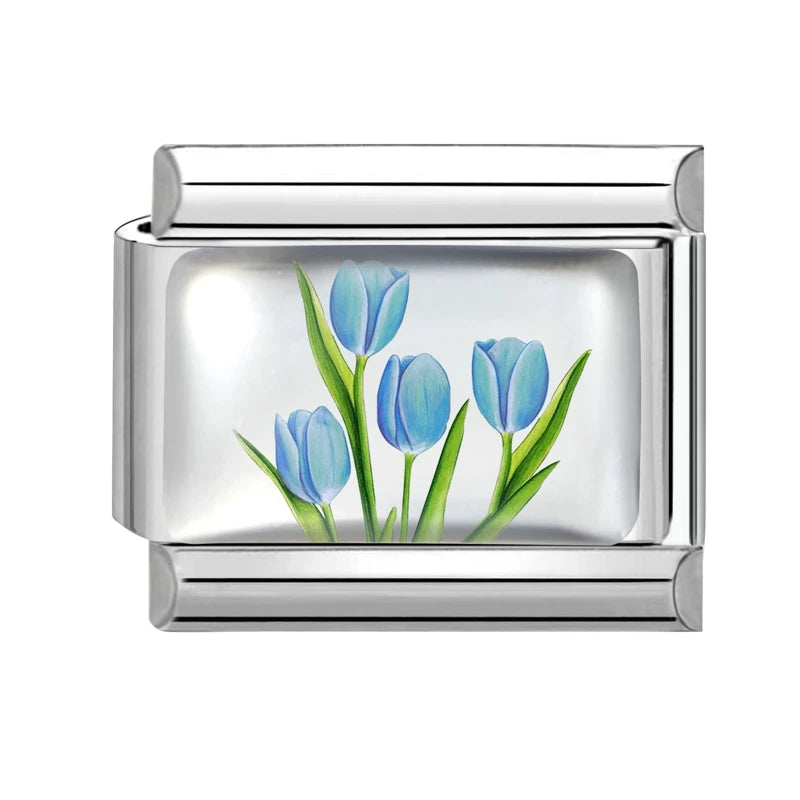 2025 Women's Fashion Colorful Flowers Sunflower Tulip Orchid Daisy Italian Charms Fit 9mm Stainless Steel Bracelet DIY Jewelry