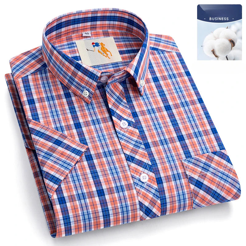 Fashion Korean Plus Size 8XL 100%Cotton Short Sleeve Shirts for Men Slim Fit Formal Plain Shirt Plaid Hawaiian Shirt Casual Top