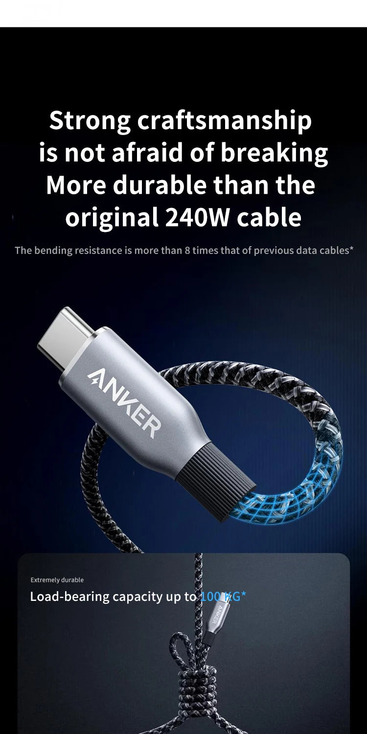 Anker Prime USB C to USB C Cable, 240W 3ft 6ft Fast Charging USB C Cable, Upcycled-Braided Nylon With 100-Year Bend Durability