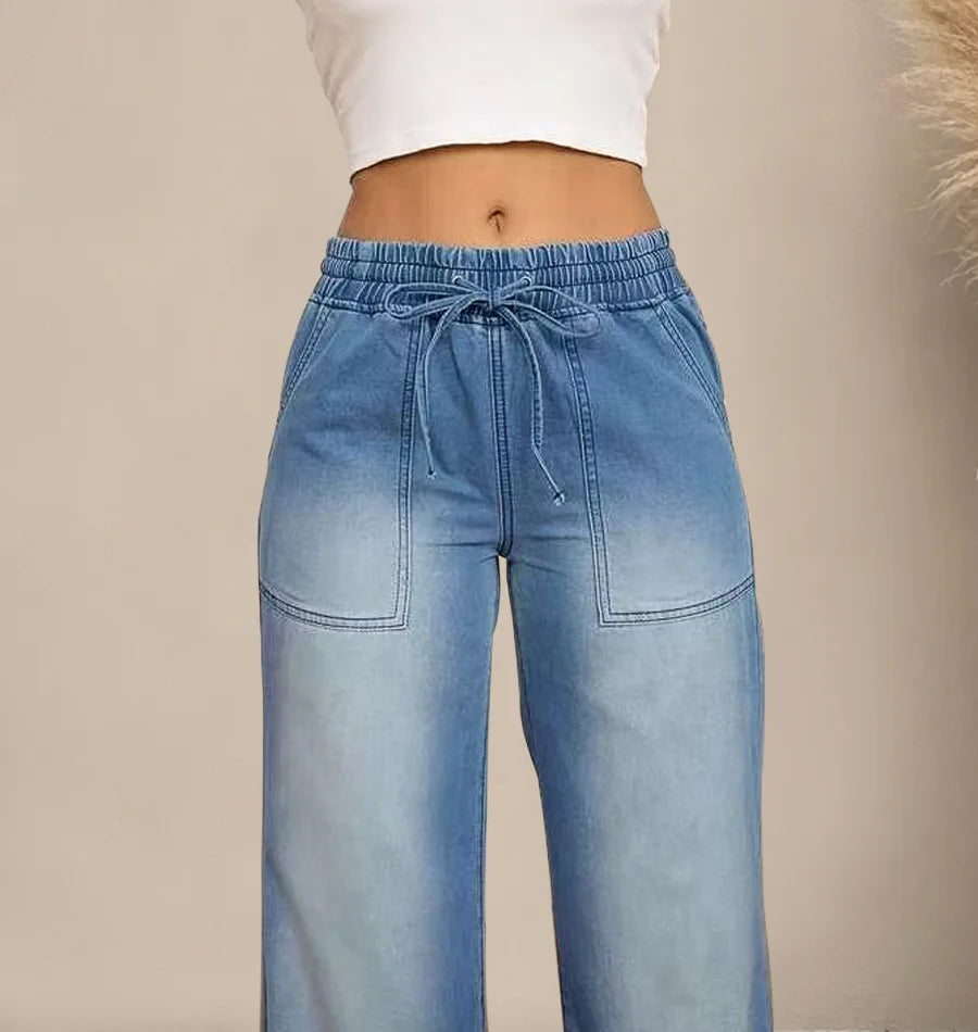 Chic High Waist Drawstring Denim Pants Women's Straight Wide Leg Jeans Fashion Trousers