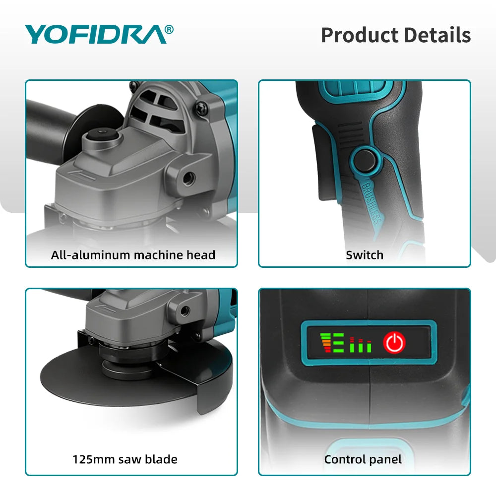 YOFIDRA 125mm Brushless Angle Grinder 3 Gears Cordless Grinding Machine Cutting Woodworking Power Tool For Makita Battery Pin