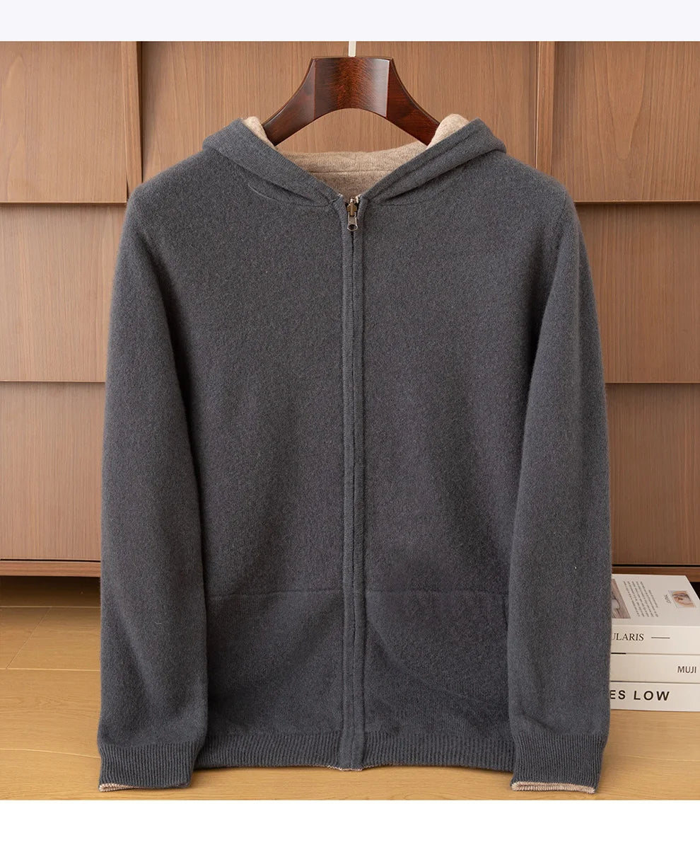 Double-Sided Cashmere Hooded Cardigan For Men Autumn And Winter Wearing Sweater Thickened Pure Wool Knitted Loose Zipper Coat