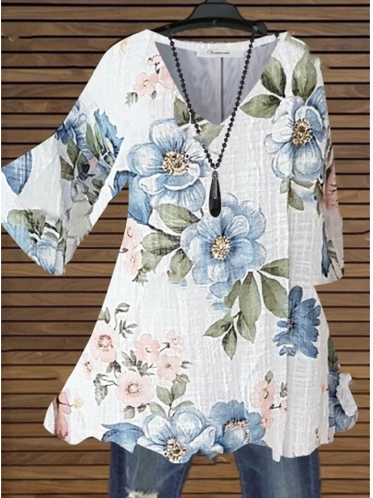 Summer V-Neck Flower Printed Short Sleeve Top Women's Classic Elegant Temperament Commuter T-Shirt