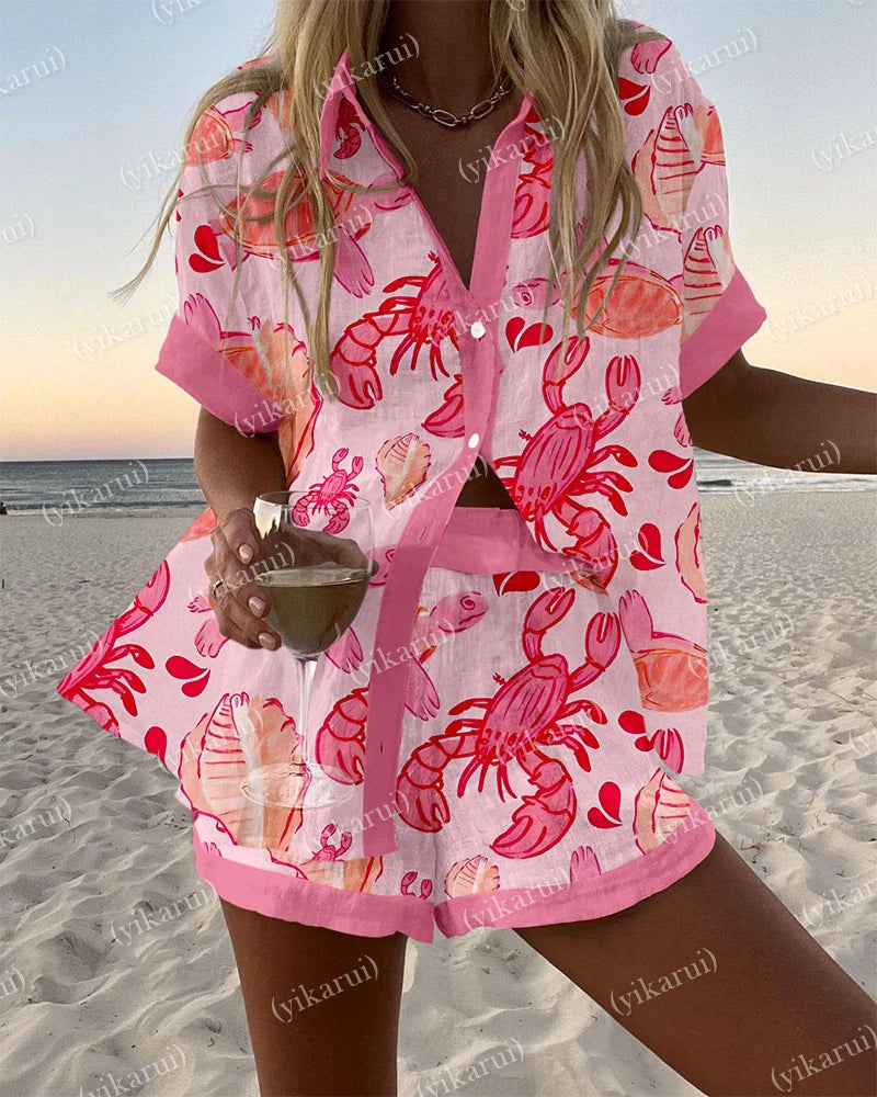 Summer Fashion Colorful Printed Blouse Shorts Two Pieces Sets Women Lapel Short Sleeve Button Shirt Suit Beach Holiday Outfits