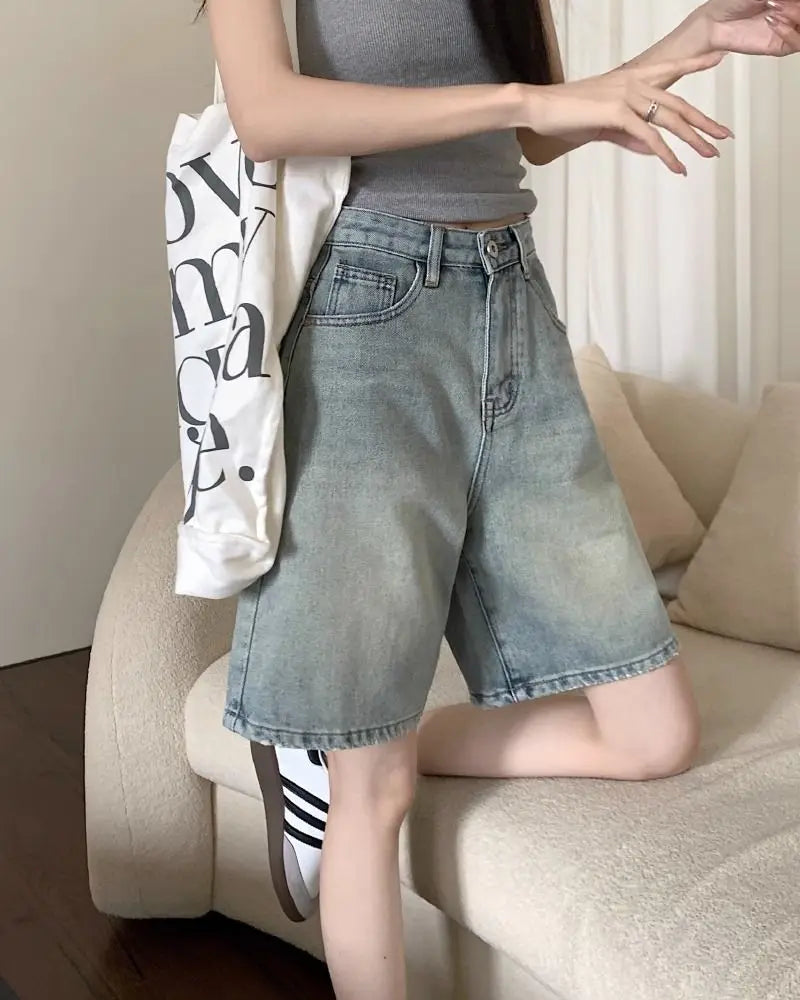 Denim Shorts Vintage High Waist Loose Fit Distressed Design Ins Style Sweet Spicy Girls All-match Casual Summer Streetwear Y2k