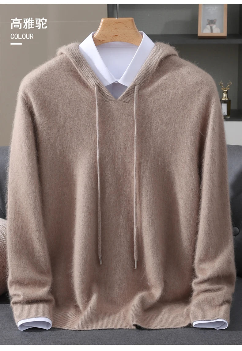 Autumn Winter New 100% Mink Cashmere Sweater Men's Solid Color Hooded Pullover Knitted Sweater Loose Casual Top For Outdoor Wear