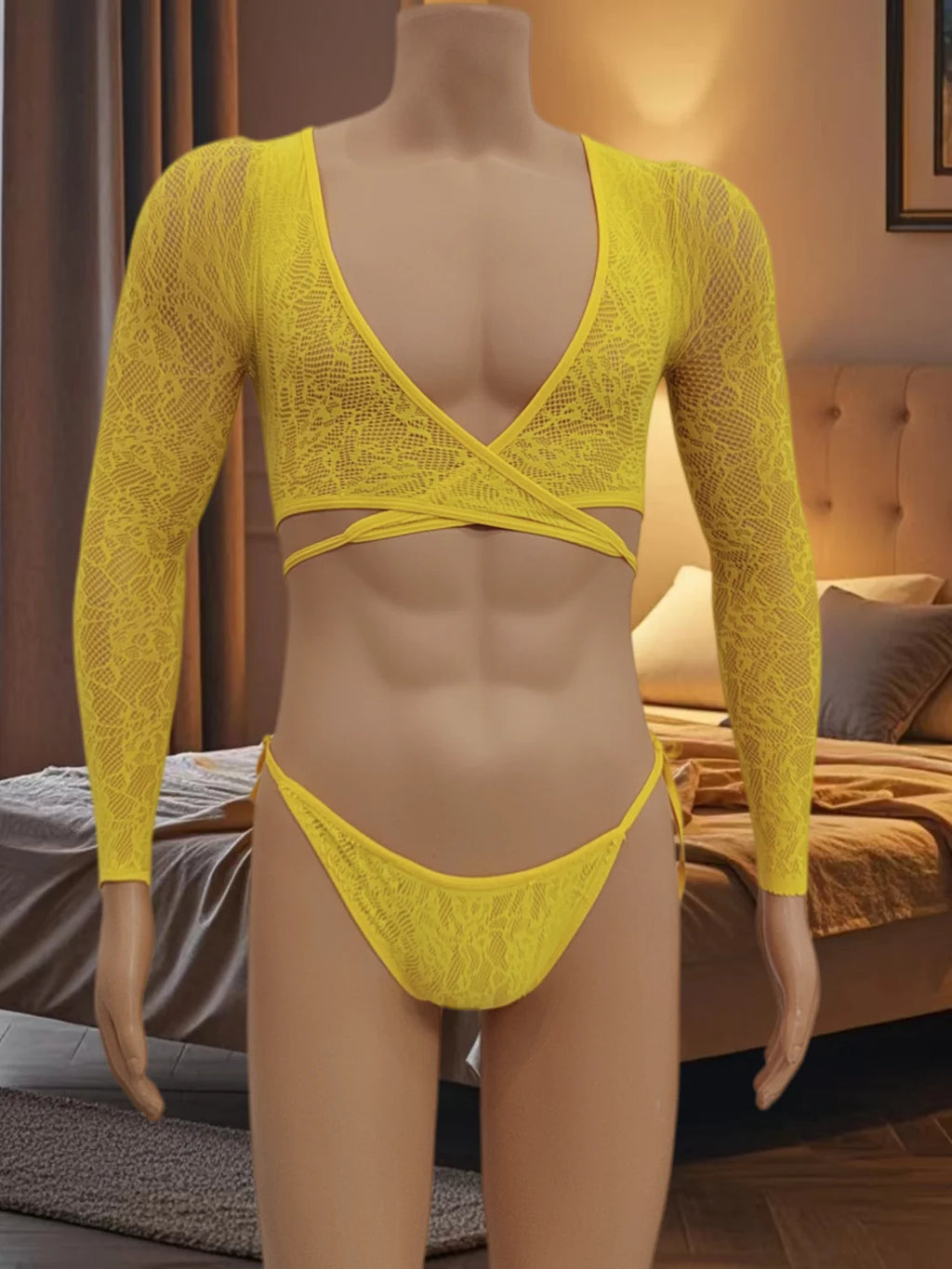 Men Hollow Out Fishnet Lingerie 2Pcs Set Multi Color See Through Mesh Halter Crop Top Briefs Sexy Sleepwear For Club Honeymoon