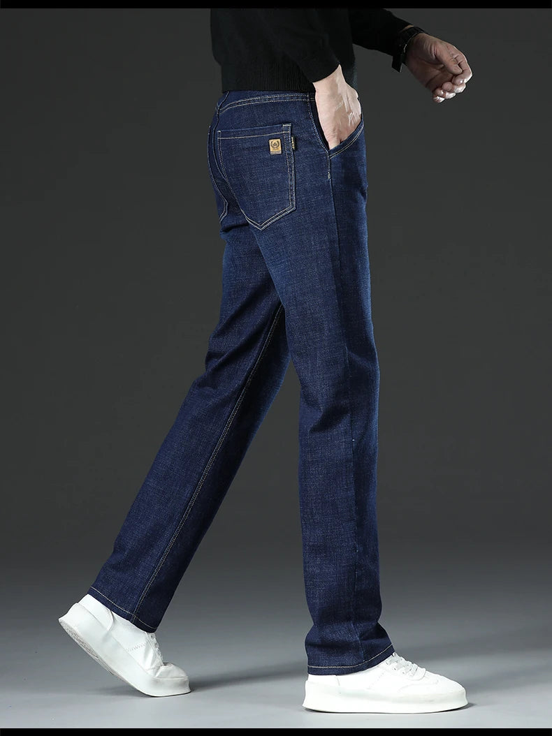 Men Winter Fleece Warm Jeans Brand 2024 Fashion Business Pants Retro Classic Denim Trousers Autumn Casual Stretch Slim Jeans Men